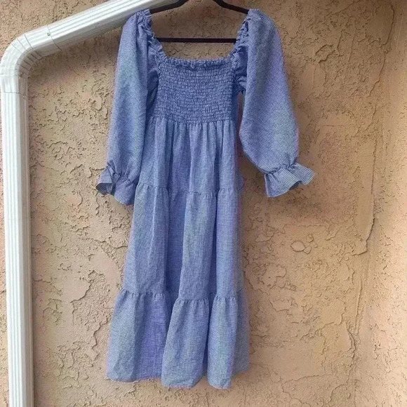 R . vivimos Dresses & Skirts - R.Vivimos Women's Summer Cotton Plaid Puff Sleeves Bow Casual Off-Shoulder Dress